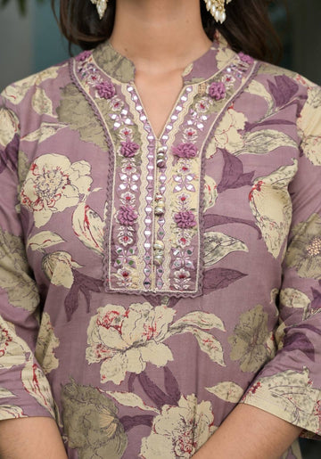 Varanga Women Lavender Floral Printed Mirror Embellished Straight Kurta Paired With Afghani Bottom And Printed Dupatta